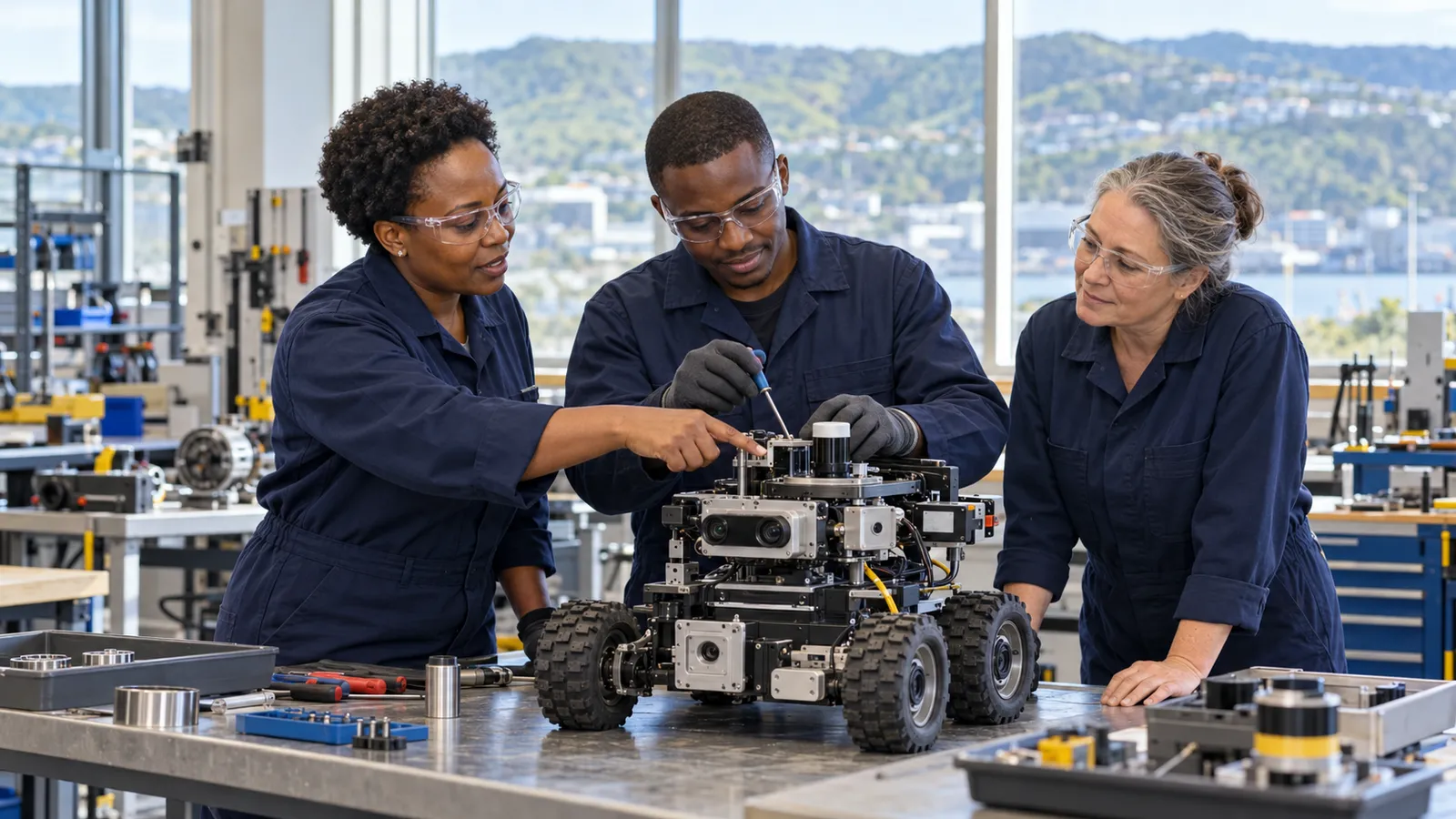 Two Kenyan technicians adjust an inspection robot with an instructor in a sunlit New Zealand workshop.
