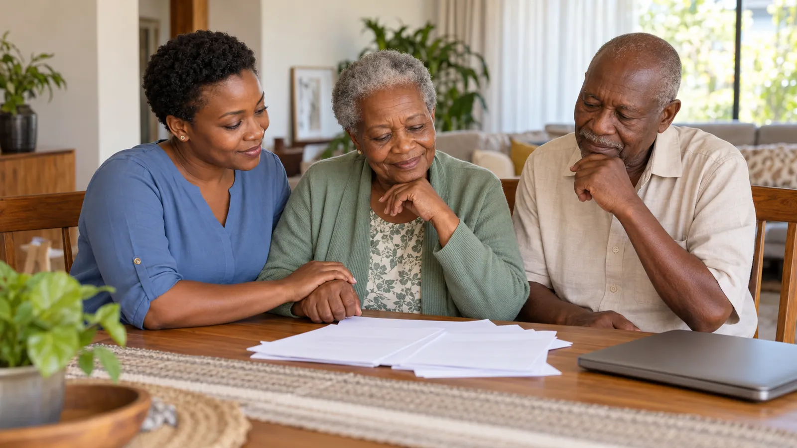 A Kenyan daughter holds her mother's hand as she and her ageing parents review papers at a sunlit dining table.