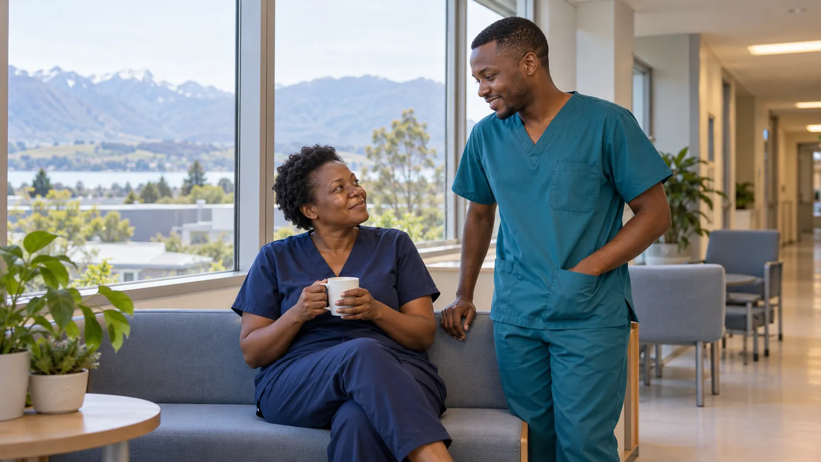Two Kenyan nurses share a quiet moment in a sunlit hospital lounge overlooking New Zealand mountains.