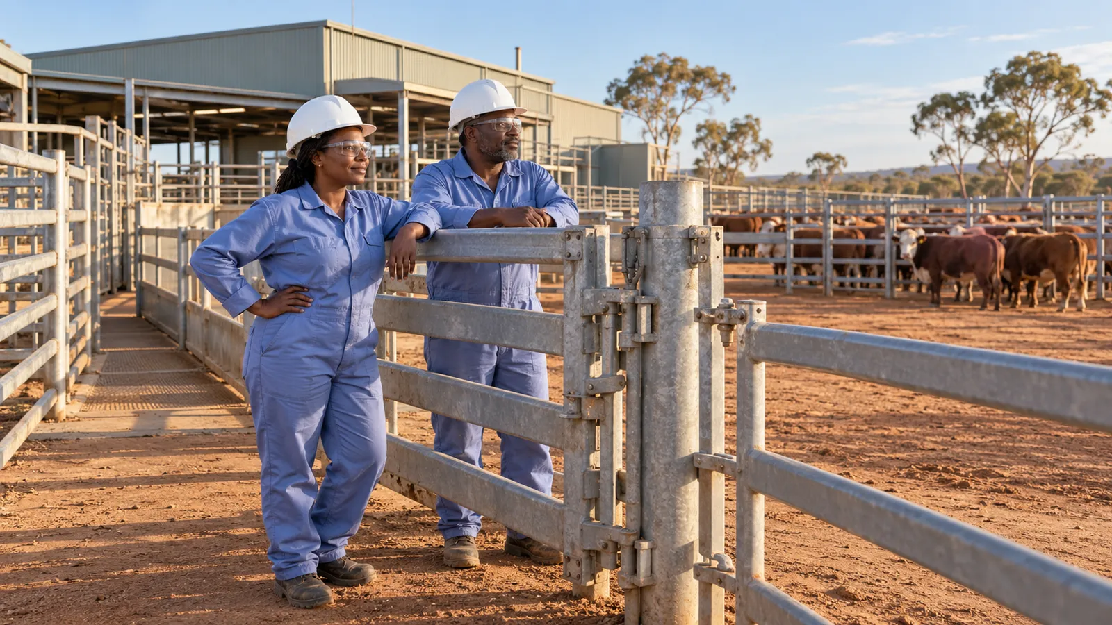 Two Kenyan workers in blue coveralls stand beside a cattle yard gate at a sunlit Western Australian facility.