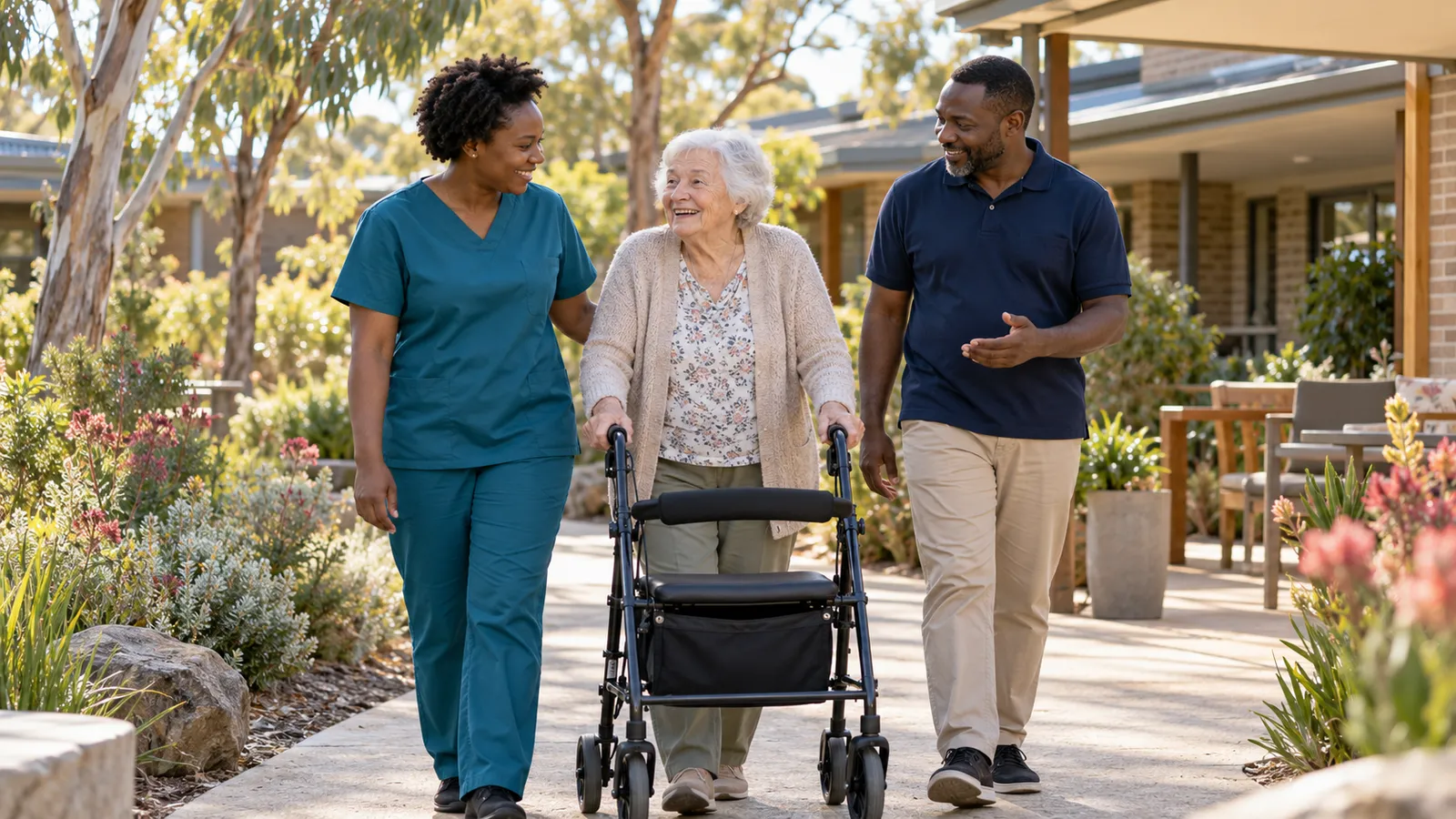 Two Kenyan care workers accompany an older woman with a walker through a sunny Australian care home garden.