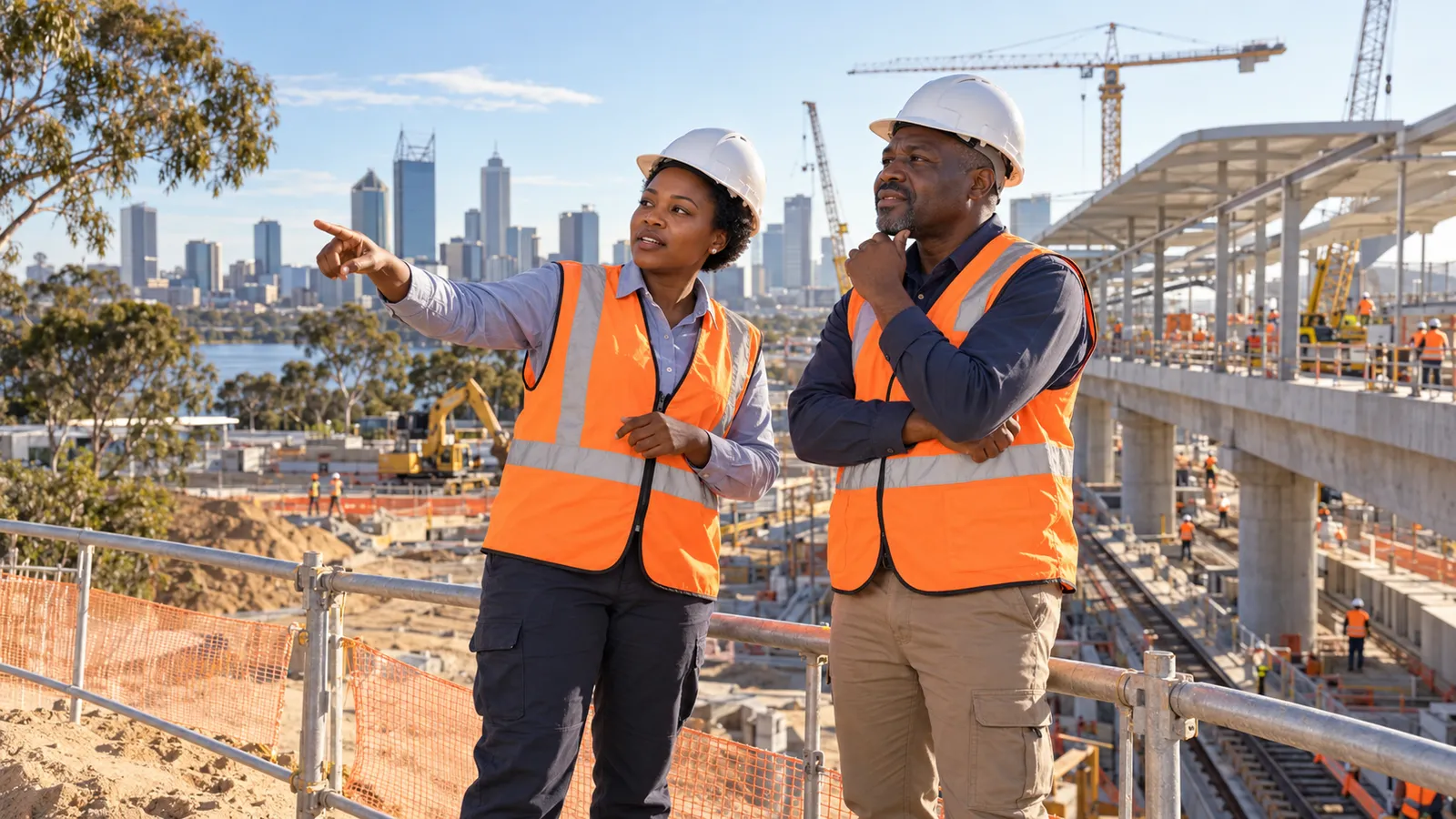 Two Kenyan engineers in hard hats and orange safety vests discuss a construction site with Perth’s skyline behind them.