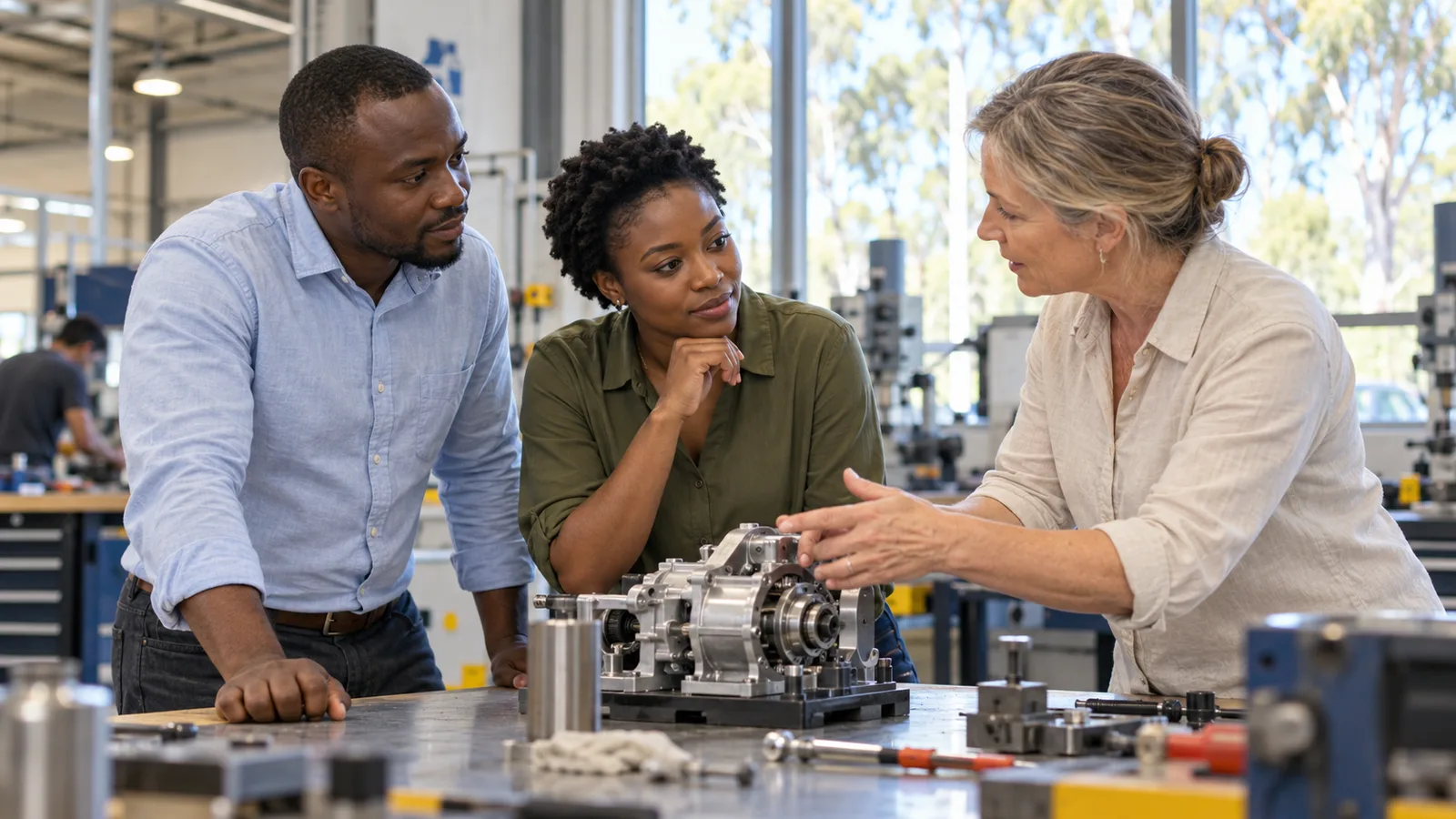 Two Kenyan graduates listen to a mentor explaining a mechanical assembly in an Australian workshop.