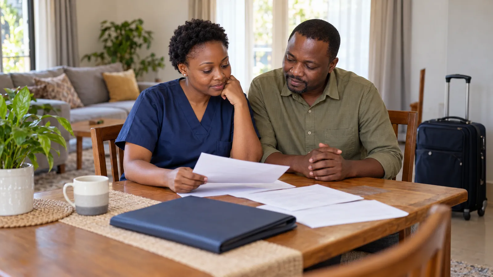 A Kenyan nurse and her partner review papers at home, with a suitcase nearby.