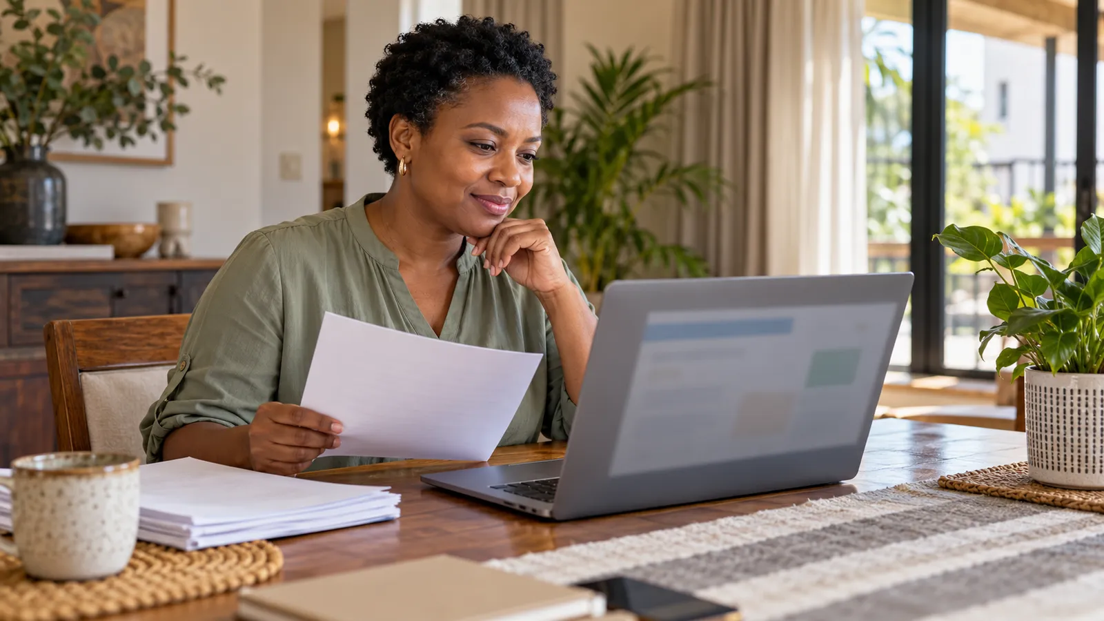 A Kenyan woman reviews paperwork beside a laptop at a wooden table in her sunlit home.