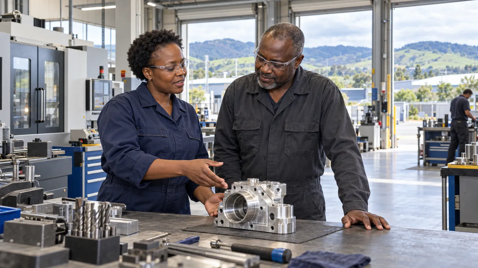Two Kenyan technicians wearing safety glasses examine a metal component in a bright New Zealand workshop.