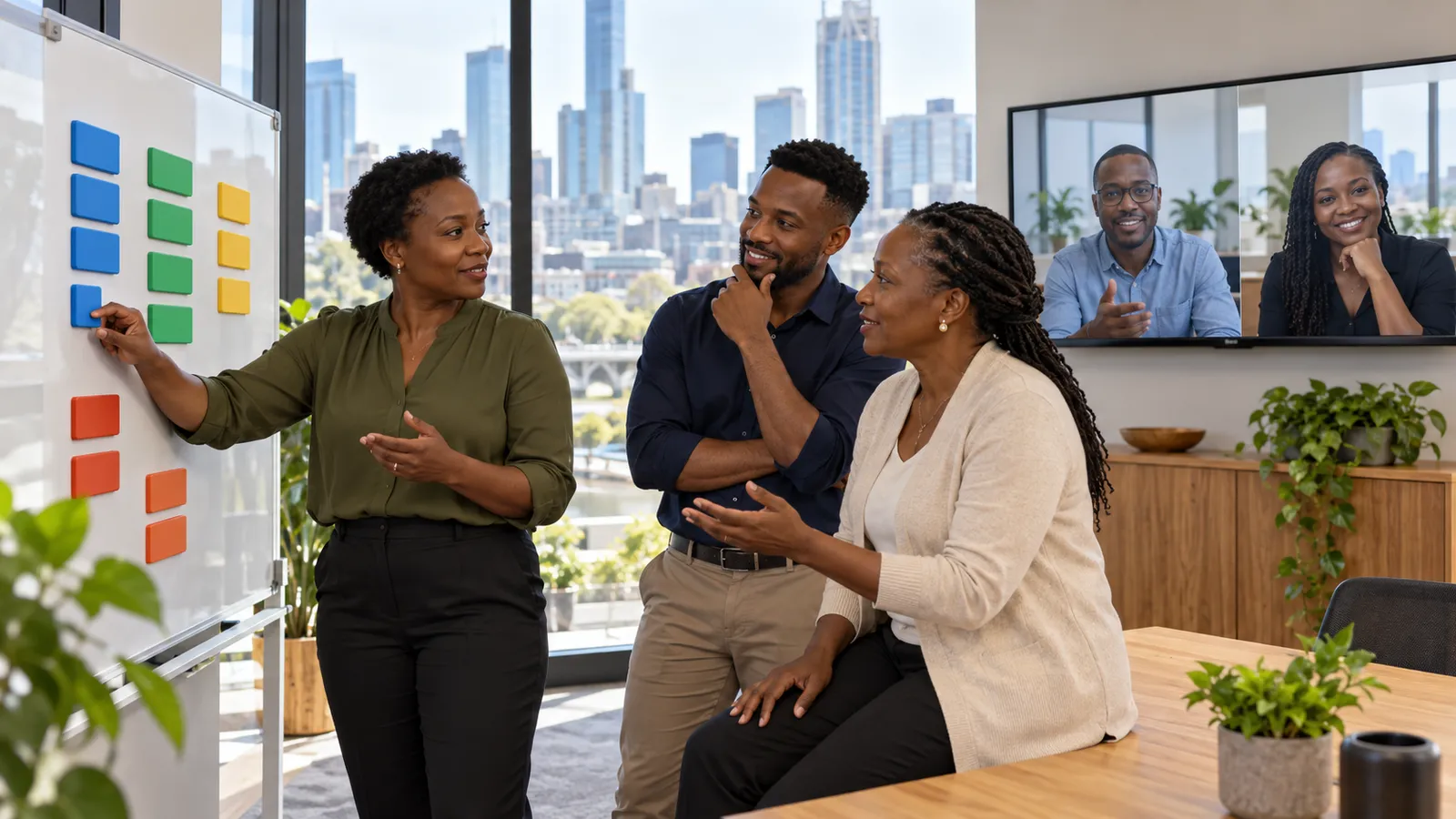 Three colleagues discuss a colorful planning board in a sunlit office while two teammates join by video.