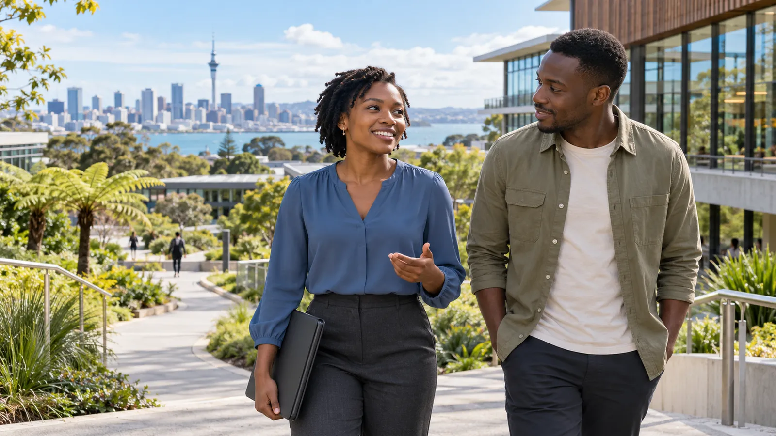 Two Kenyan graduates chat on a sunny campus terrace overlooking Auckland’s skyline.