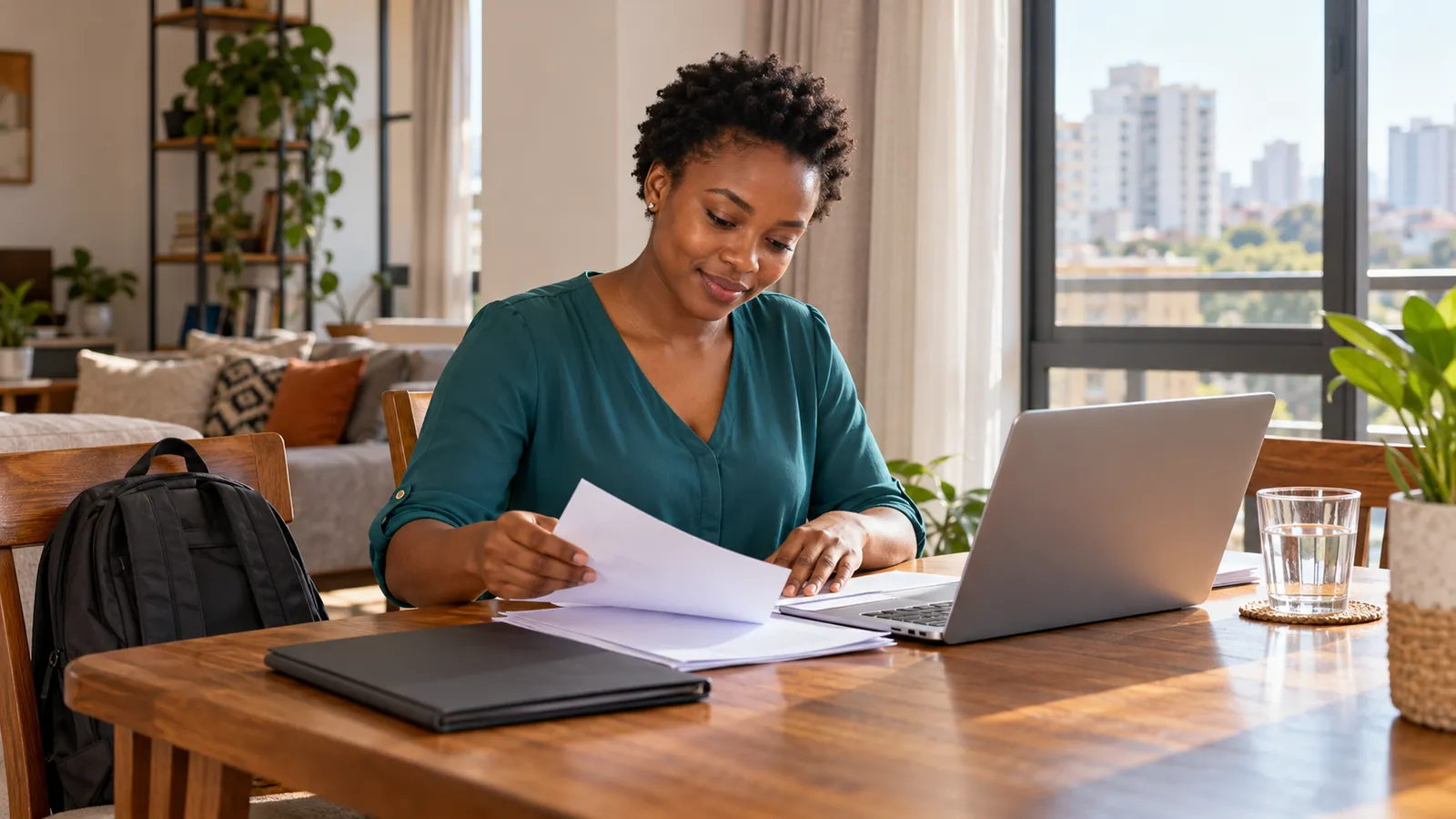 A Kenyan woman sorts papers beside a laptop at a sunlit wooden table in her Nairobi home.