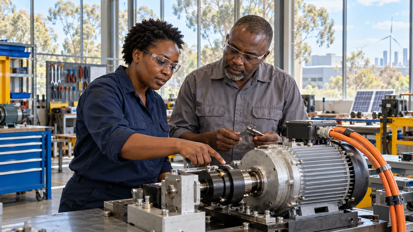 Two Kenyan engineers inspect an electric motor together in a sunlit Australian workshop.