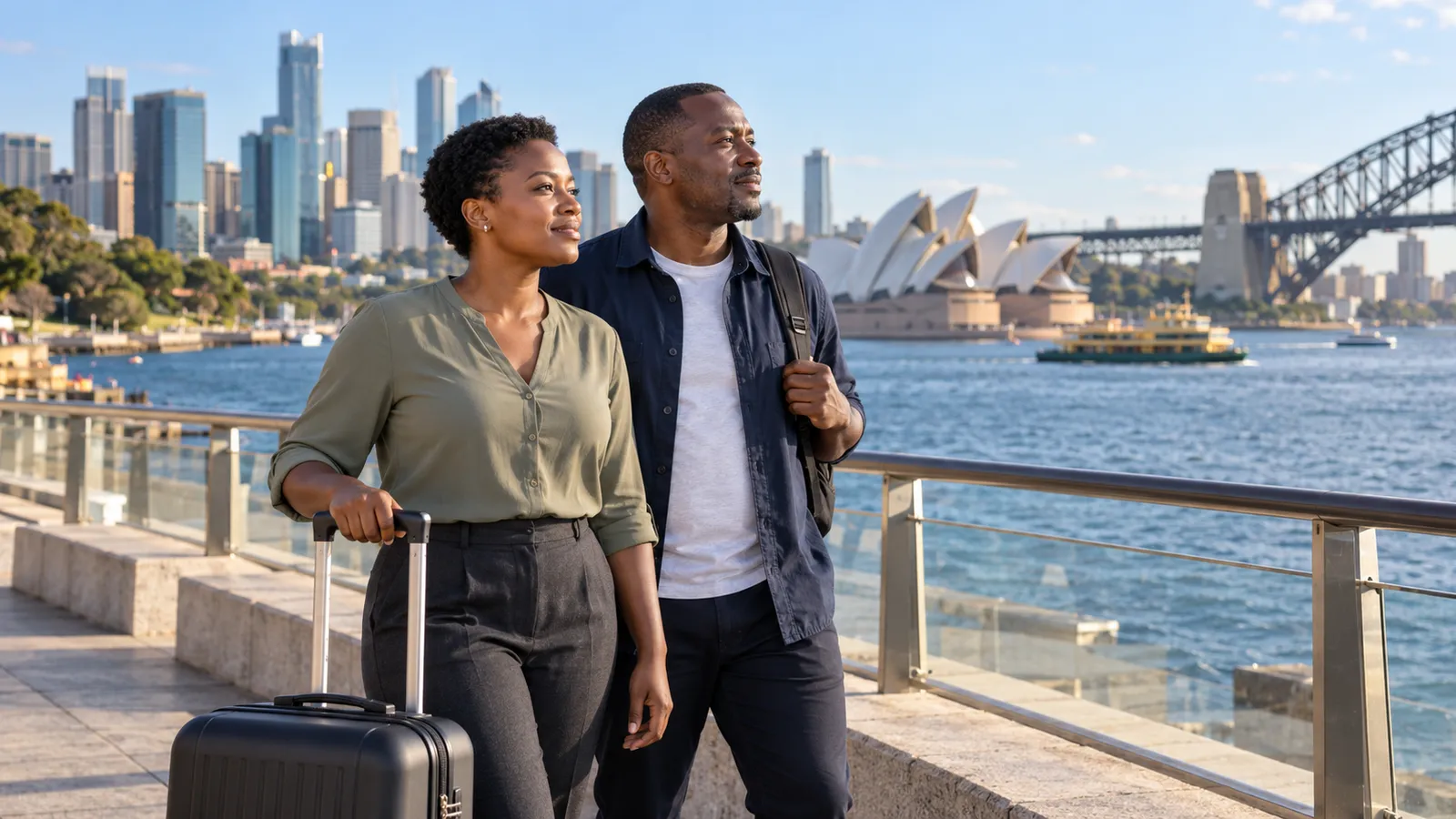 Two Kenyan adults with luggage stand beside Sydney Harbour, with the Opera House and Harbour Bridge behind them.