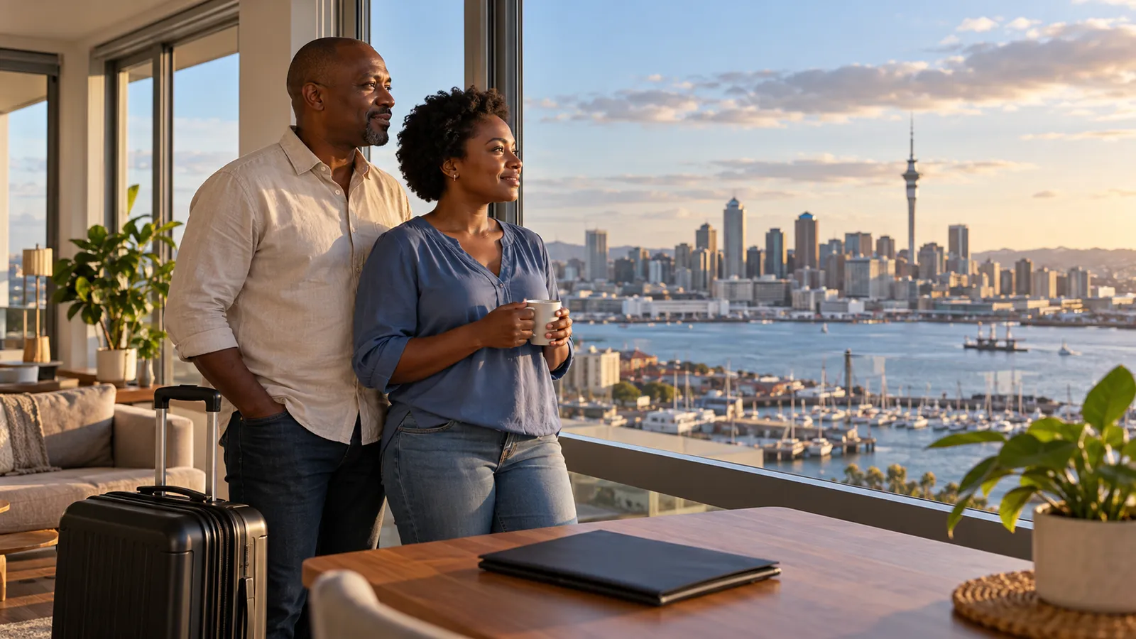 A Kenyan couple gaze over Auckland’s harbour from a sunlit apartment, with a suitcase beside them.