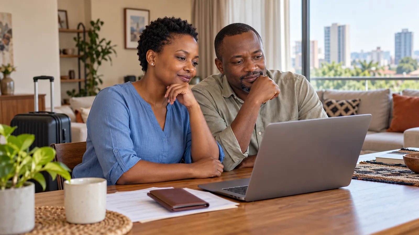 A Kenyan couple reviews a laptop at a sunlit home table, with papers nearby and a suitcase behind them.