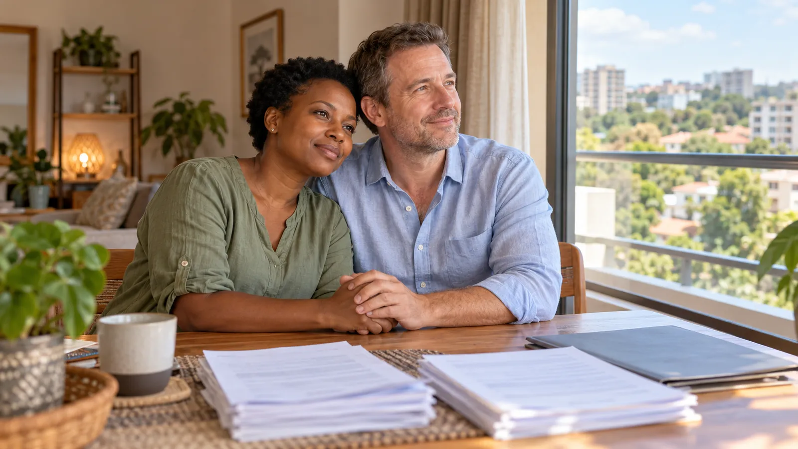 A Kenyan woman and her partner hold hands beside stacks of paperwork in a sunlit apartment.