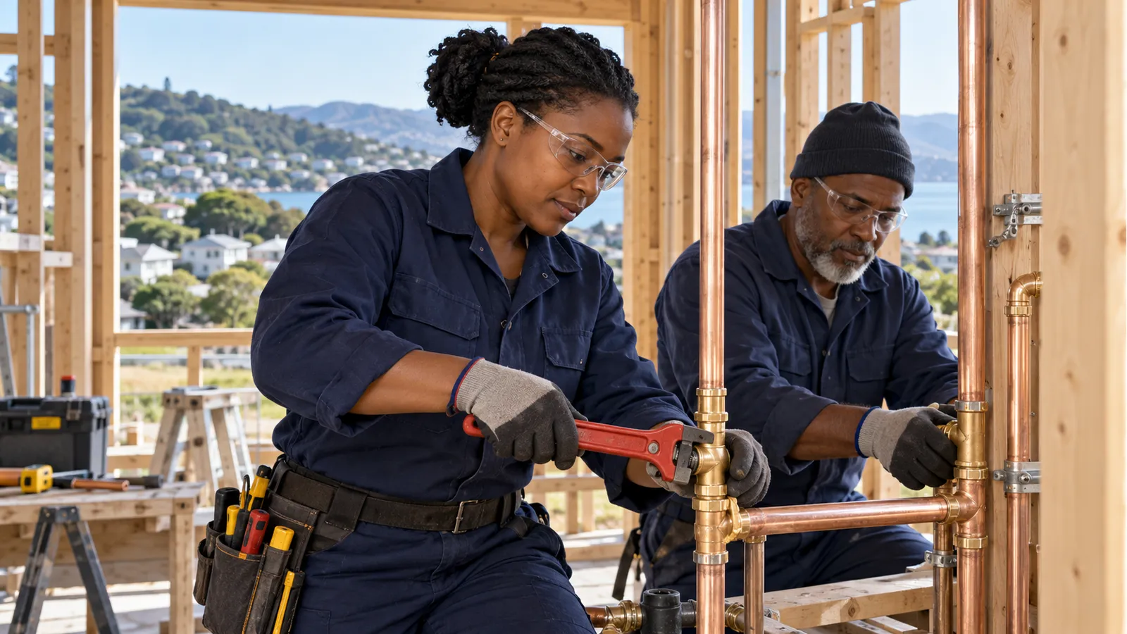 Two Kenyan plumbers fit copper pipes inside a timber-framed New Zealand home overlooking green hills and water.