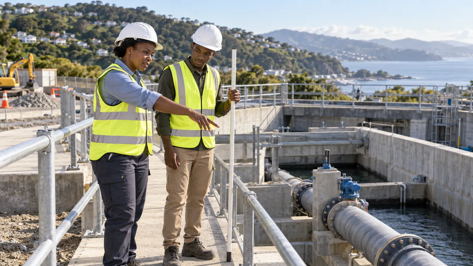 Two engineers in hard hats inspect water infrastructure at a coastal New Zealand construction site.