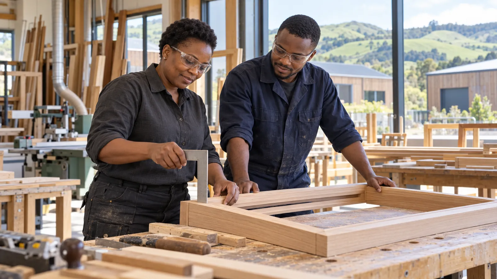 Two Kenyan joiners inspect a timber frame in a sunlit New Zealand workshop overlooking green hills.