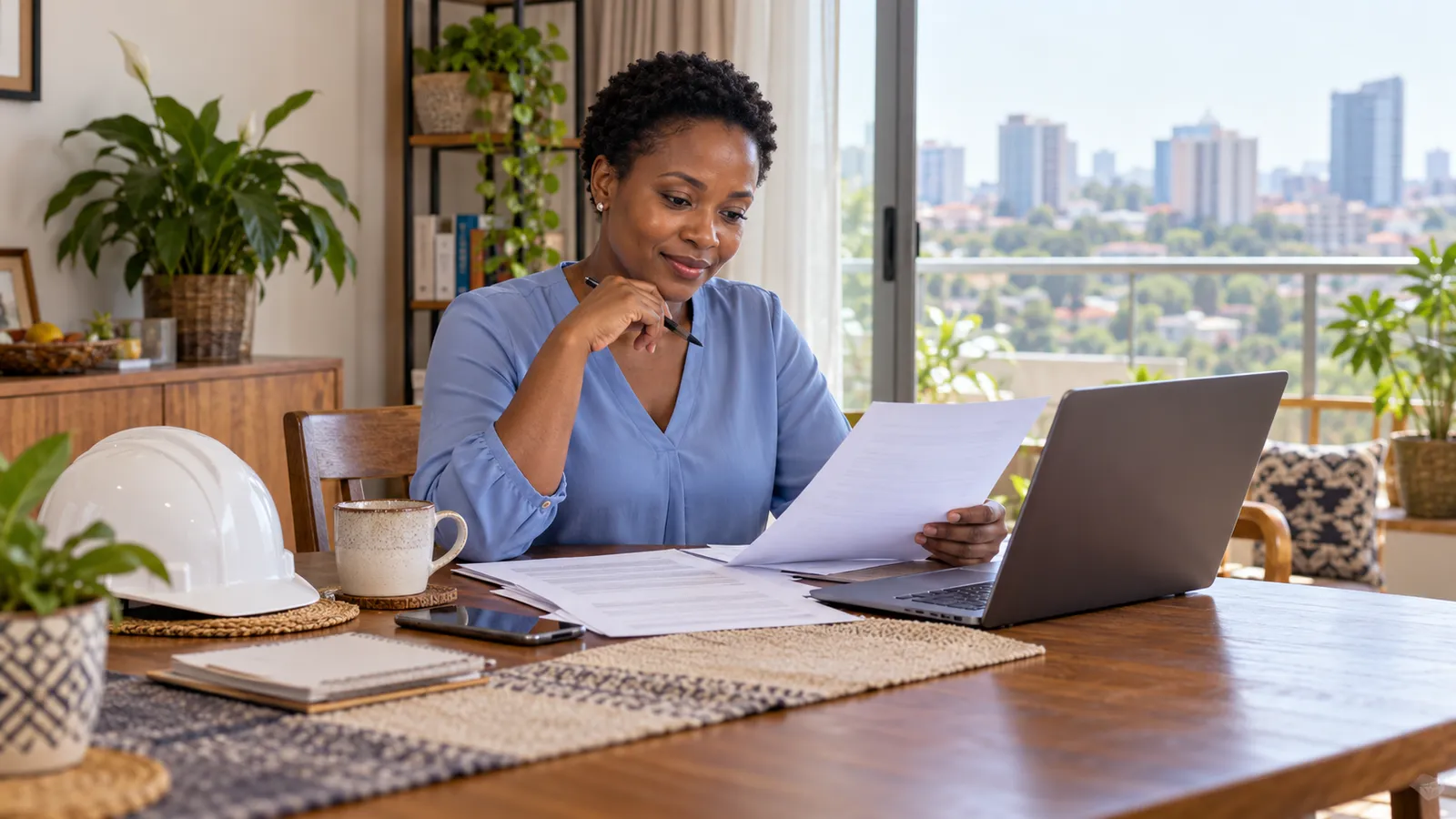A Kenyan woman reviews documents beside a laptop and white hard hat in a sunlit apartment.