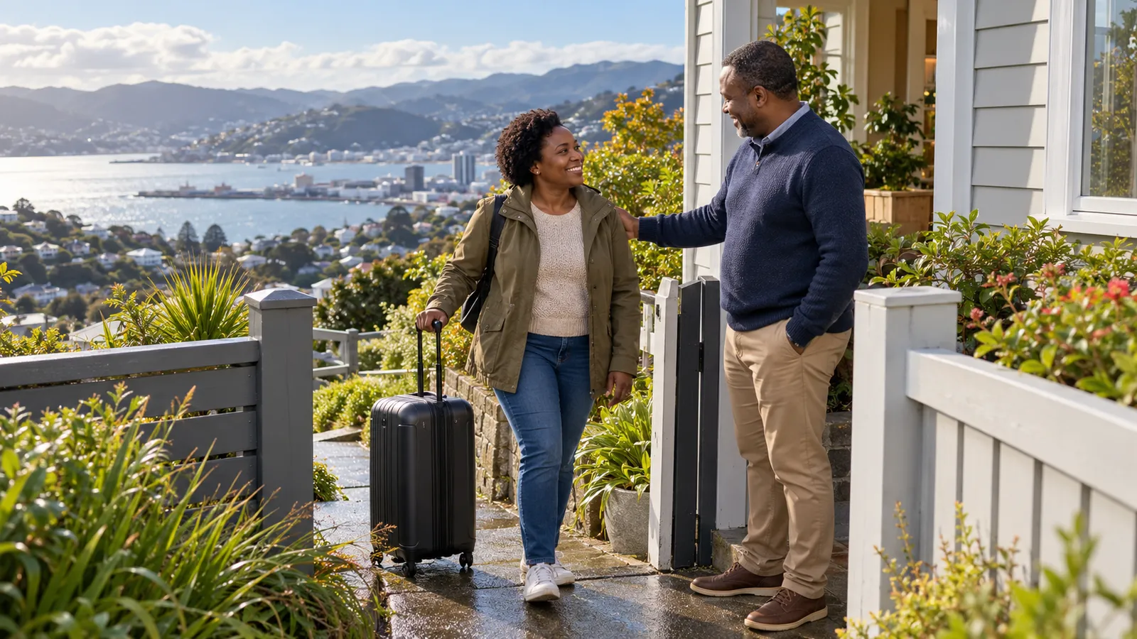 A woman with a suitcase is welcomed by a man outside a hillside home overlooking Wellington Harbour.