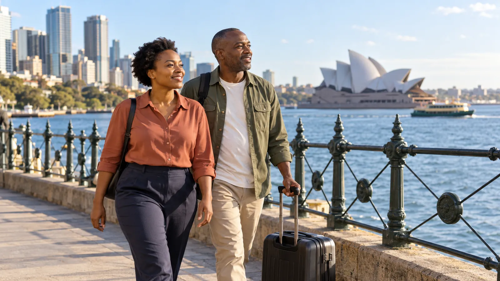 Two Kenyan adults walk with a suitcase beside Sydney Harbour, with the Opera House behind them.