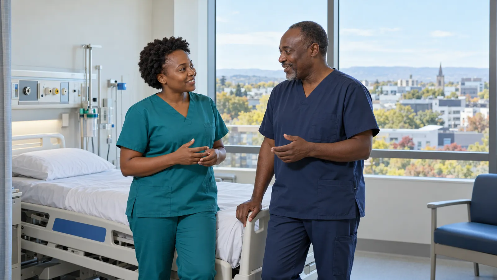 Two Kenyan healthcare workers chat beside a hospital bed in a sunlit room overlooking Christchurch.