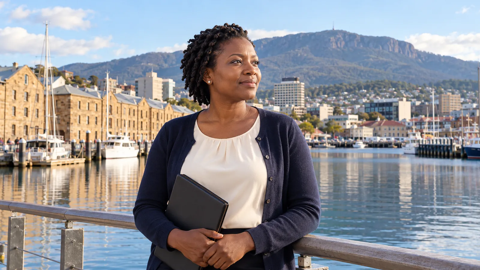 A Kenyan professional holds a portfolio beside Hobart’s harbor, with boats and Mount Wellington behind her.