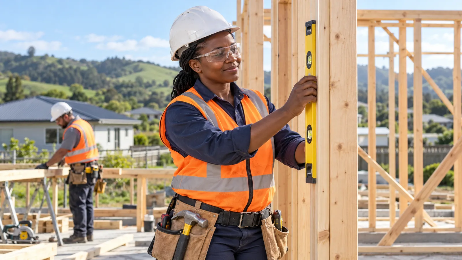 A Kenyan carpenter checks timber framing with a spirit level at a sunlit New Zealand construction site.