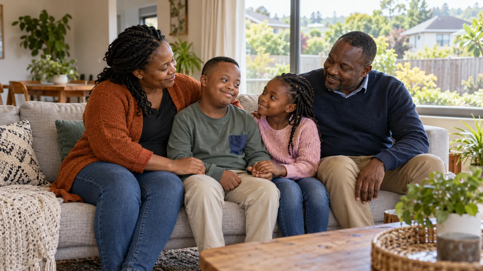 A Kenyan family sits close together on a sunlit sofa, smiling as a sister holds her brother’s hand.