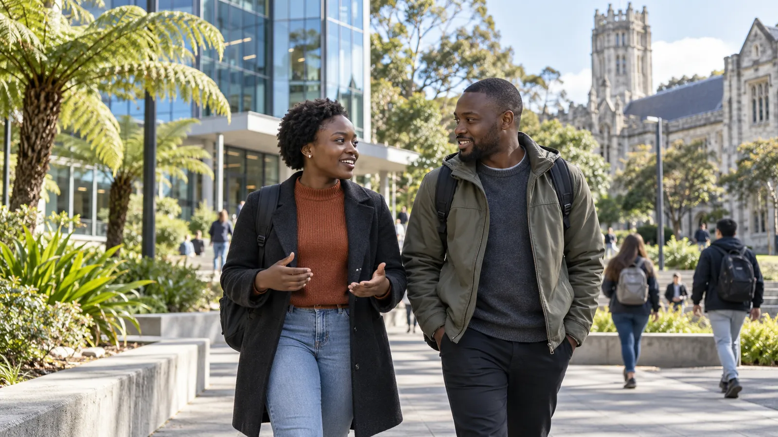 Two Kenyan students with backpacks walk and talk on a sunny New Zealand university campus.