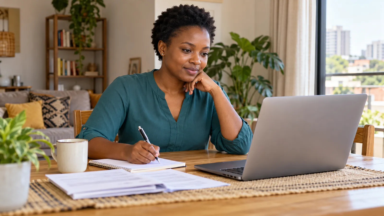 A Kenyan woman takes notes beside a laptop and application papers at a sunlit table in her home.