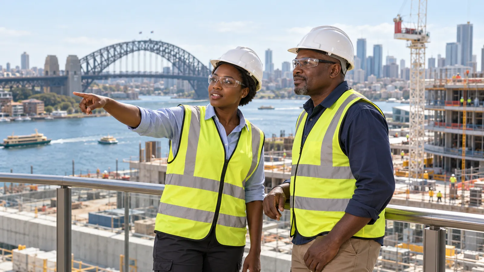 Two Kenyan engineers in safety gear overlook a waterfront construction site beside Sydney Harbour Bridge.