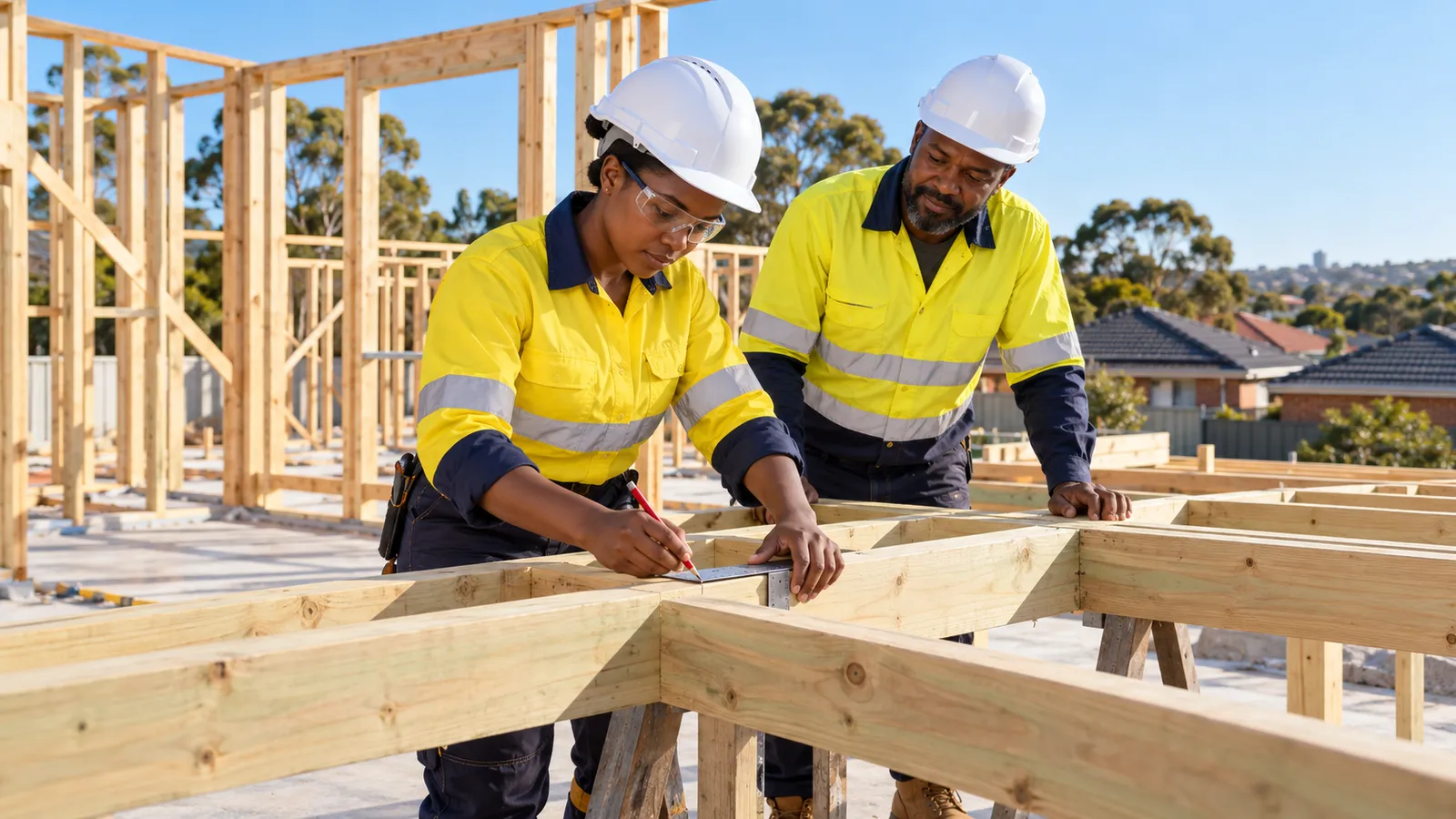 Two Kenyan tradespeople in safety gear measure timber framing at a sunlit Australian construction site.