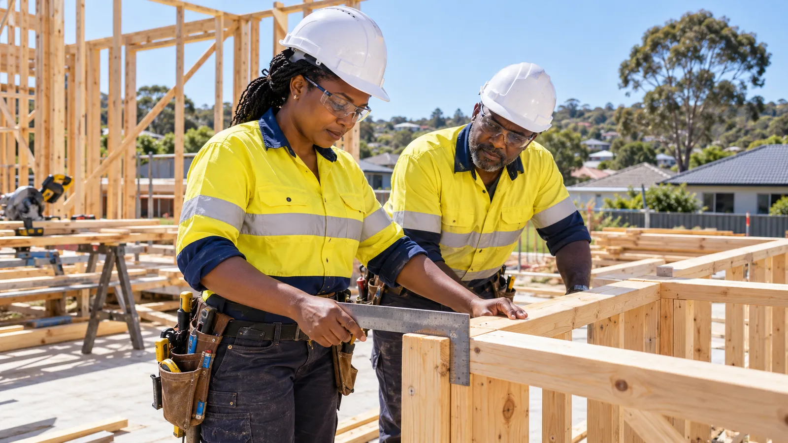 Two Kenyan tradespeople in safety gear check timber framing at a sunny Australian construction site.