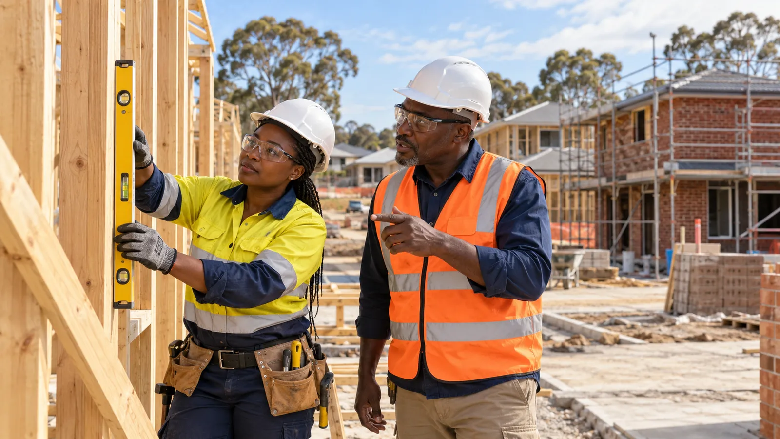 Two Kenyan construction workers check a timber wall frame at a sunlit Australian housing site.