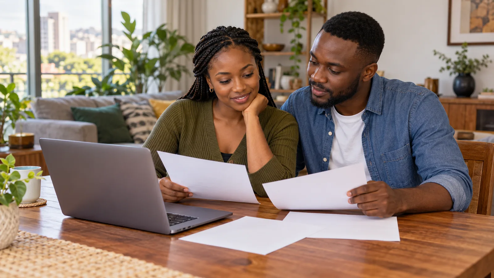 Two Kenyan students review papers beside a laptop at home as they prepare to study in Australia.