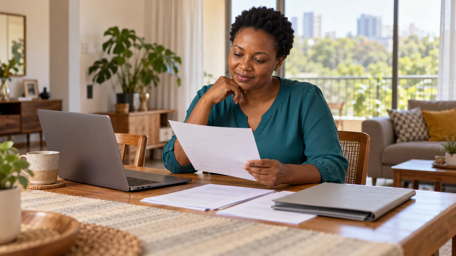 A Kenyan woman reviews paperwork beside a laptop at a wooden table in her sunlit home.