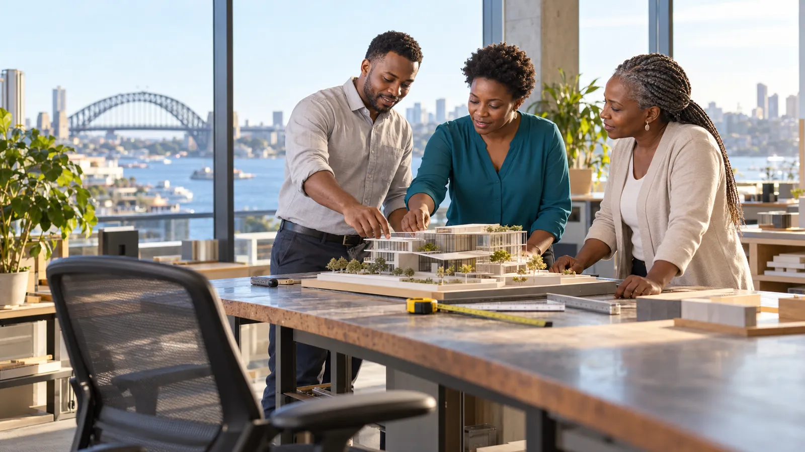 Three colleagues examine an architectural model in a sunlit workplace overlooking Sydney Harbour Bridge.