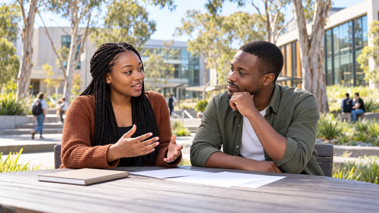 Two Kenyan students discuss their study plans at an outdoor table on an Australian university campus.