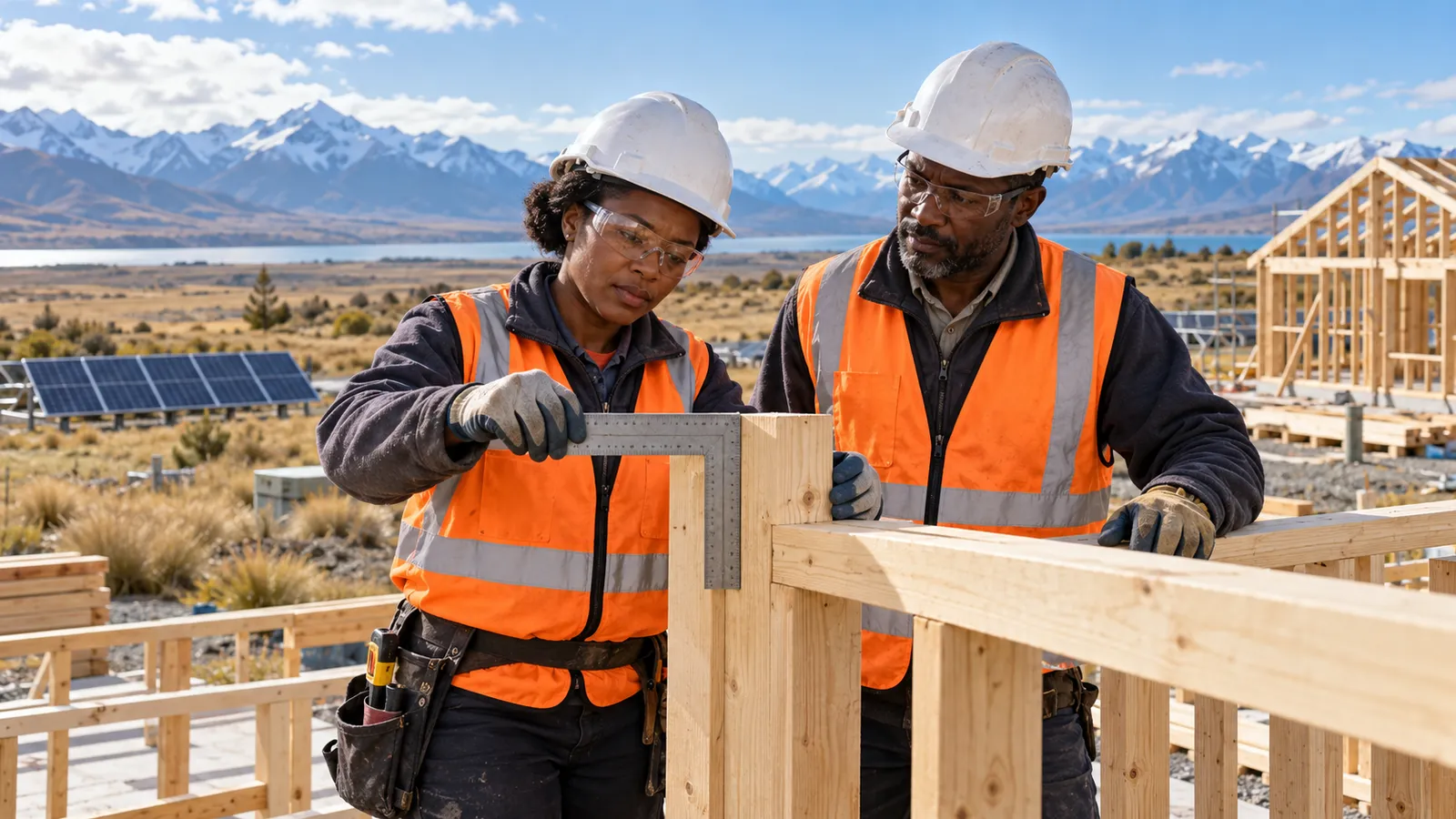 Two tradespeople inspect timber framing at a rural New Zealand building site with solar panels and mountains behind them.