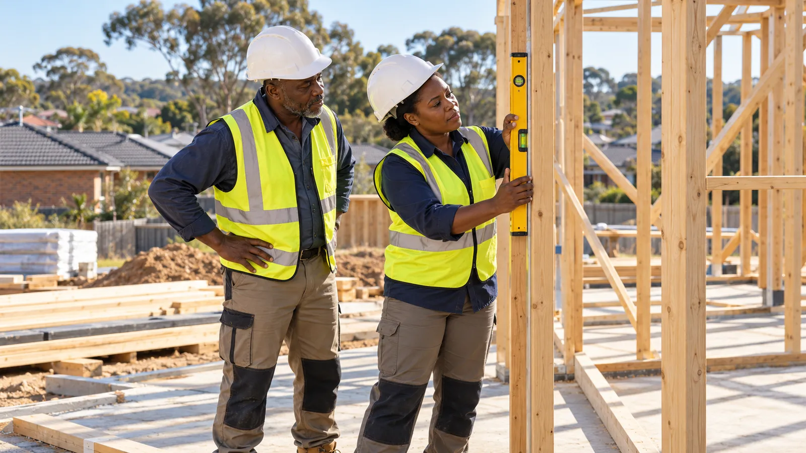 Two Kenyan construction workers check a timber house frame with a spirit level at a sunny Australian building site.