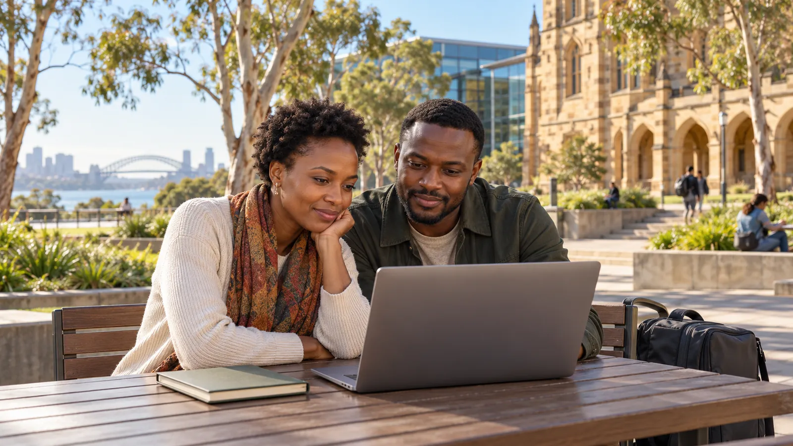 A Kenyan couple shares a laptop at a sunlit campus table, with sandstone buildings and Sydney Harbour behind them.