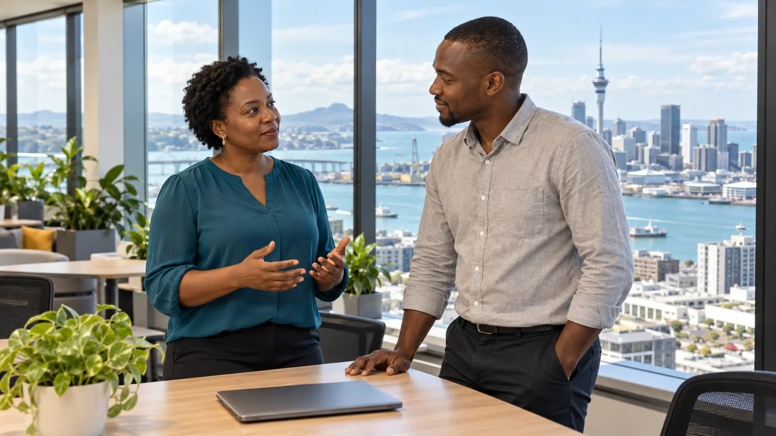 Two Kenyan professionals talk in a sunlit office overlooking Auckland’s harbour and Sky Tower.