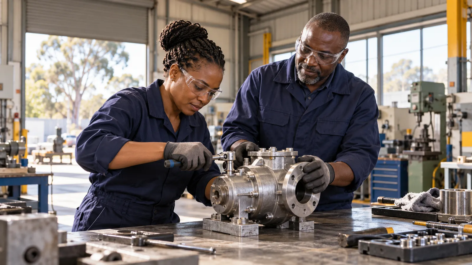 Two Kenyan technicians in safety glasses work together on a metal pump in a sunlit Australian workshop.