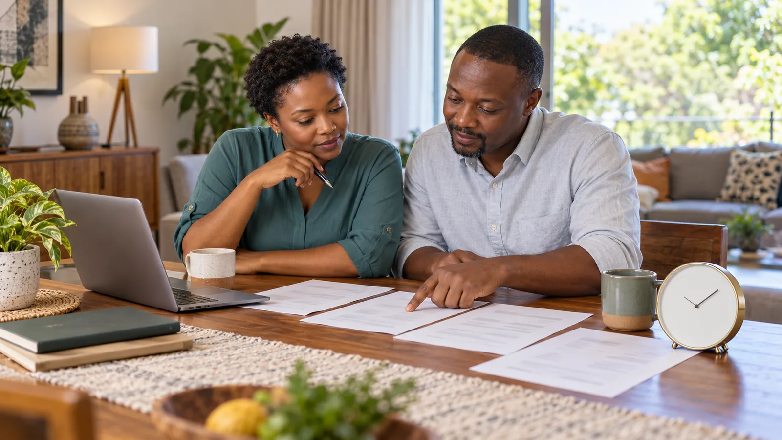 Two Kenyan adults review paperwork beside a laptop and clock at a sunlit dining table.