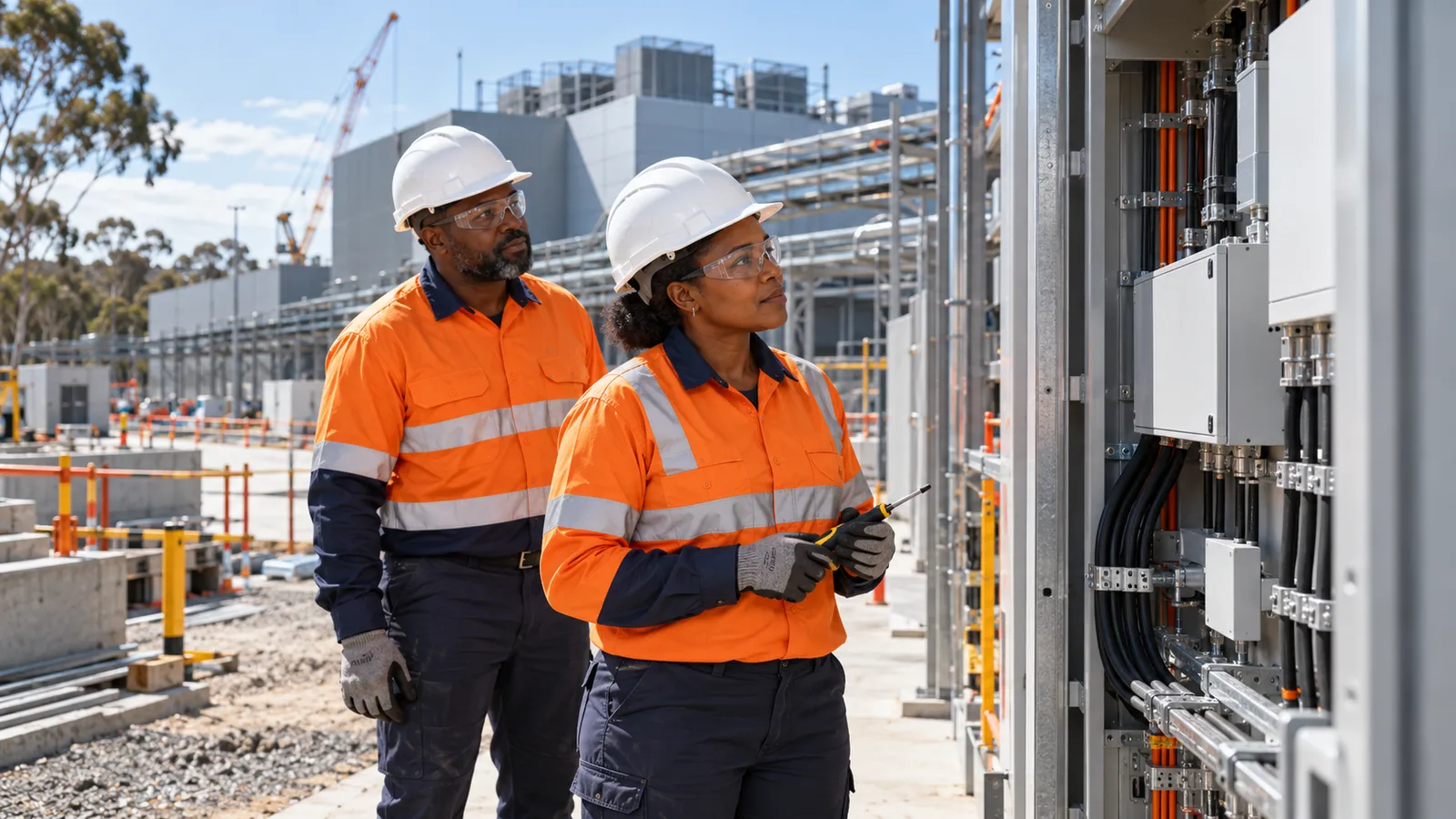 Two Kenyan electricians inspect an electrical installation at an Australian data centre construction site.