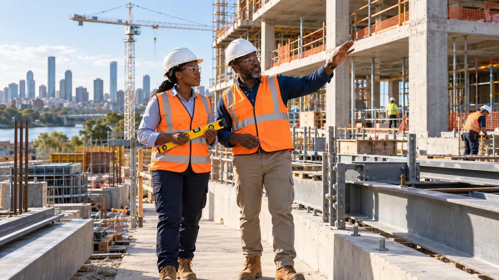 Two Kenyan construction professionals inspect a sunlit building site with cranes and Brisbane’s skyline behind them.