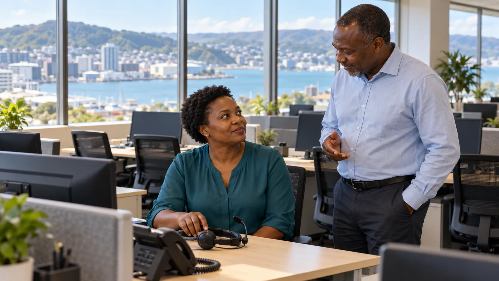 Two Kenyan colleagues converse beside a headset in a sunlit customer care office overlooking Wellington Harbour.