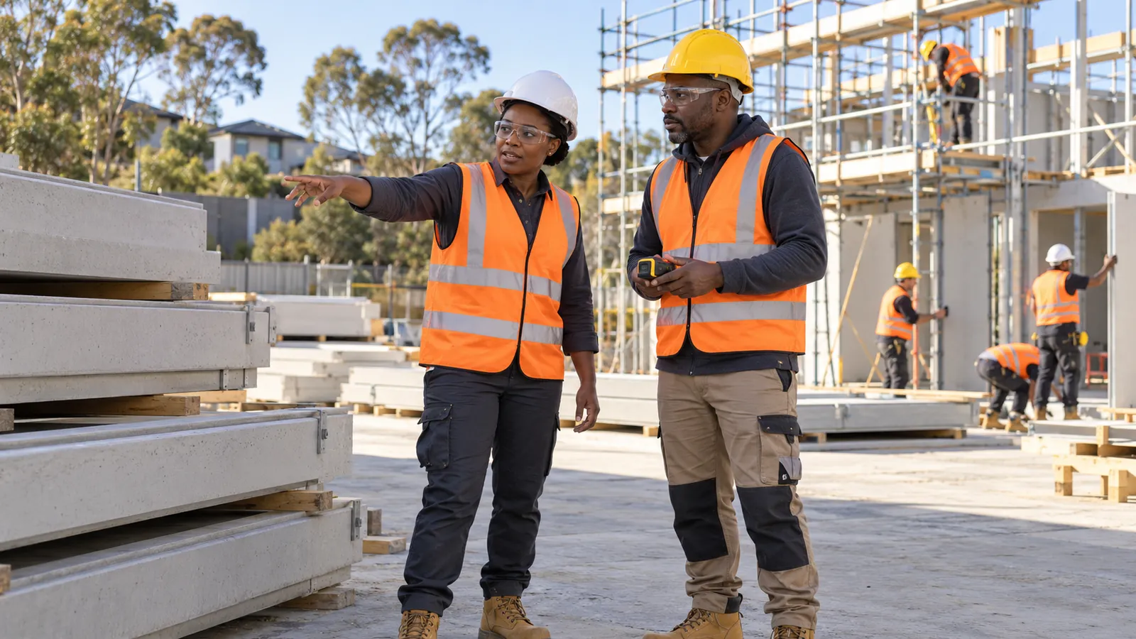 Two Kenyan construction professionals coordinate work beside stacked concrete components at an Australian building site.