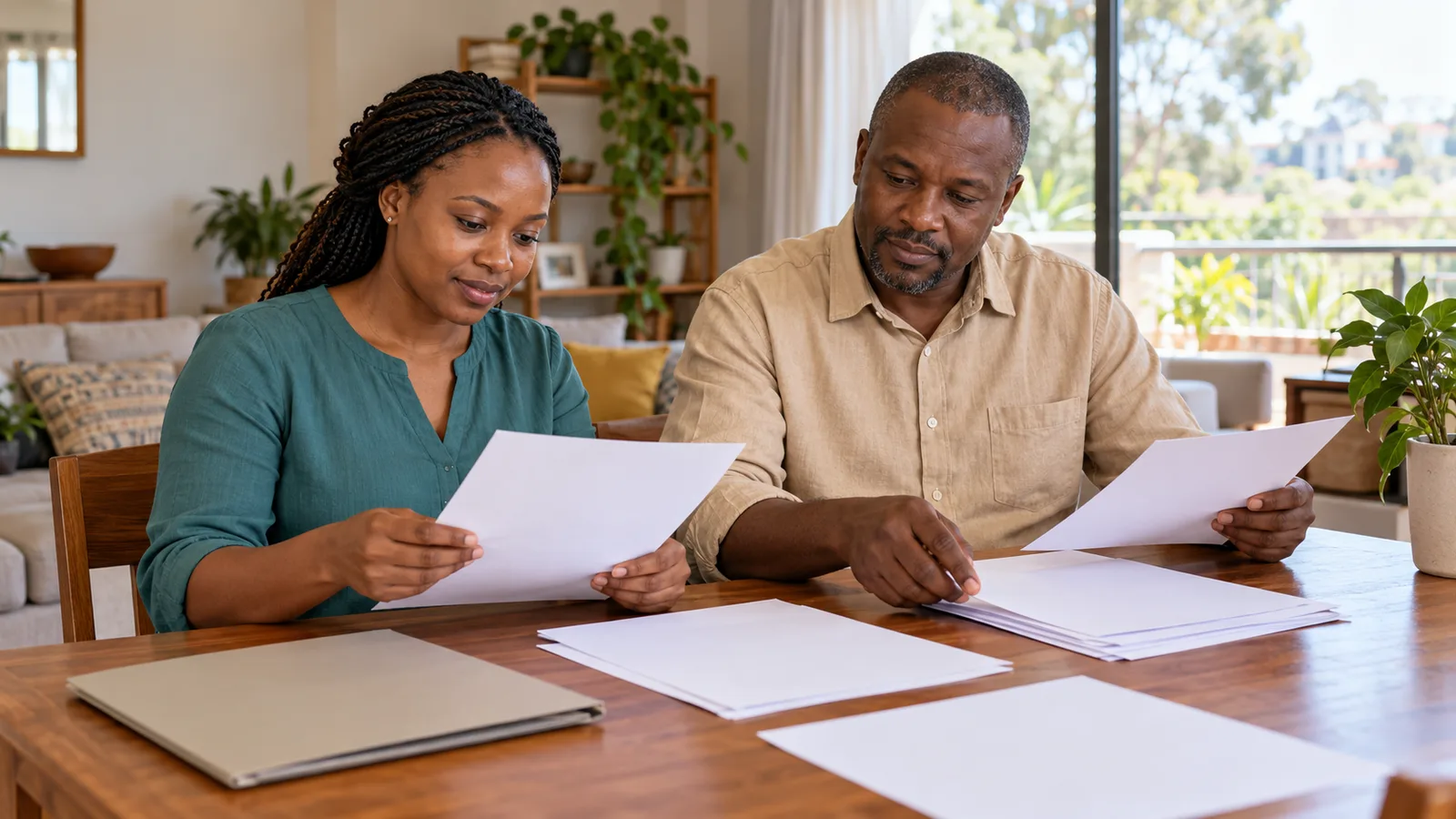 A Kenyan woman and man organise application papers together at a sunlit dining table at home.