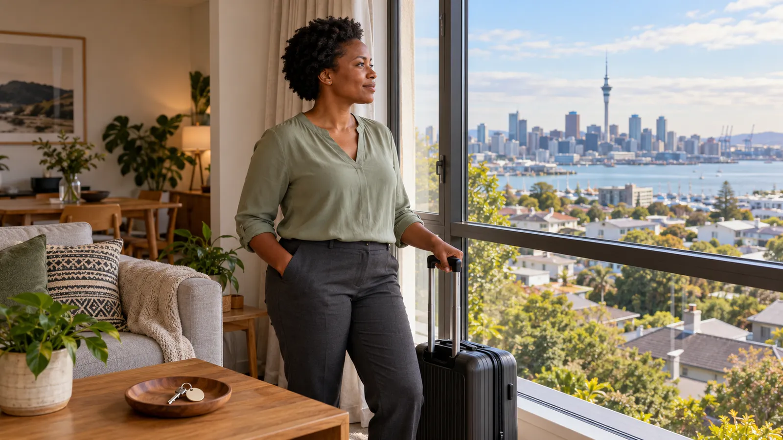A Kenyan woman stands beside a suitcase in a sunlit apartment overlooking Auckland’s skyline and harbour.
